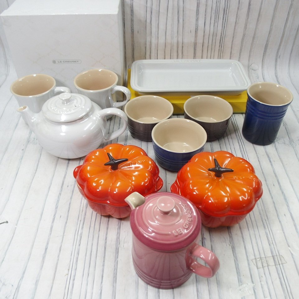 【目立った傷や汚れなし】m002 B5【25 LE CREUSET ルクルーゼ ティーポット 急須 マグカップ 小物入れ フリーカップ 角皿