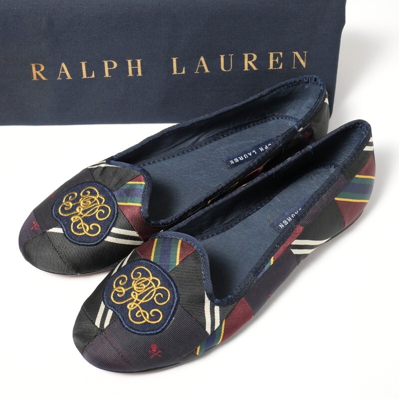 【目立った傷や汚れなし】GP4567*ラルフローレン RALPH LAUREN*フラットシューズ*パンプス*24cm*ストライプ柄*ワッペン
