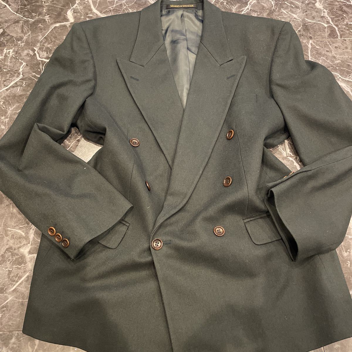 【未使用に近い】MARKS &SPENCER マークスアンドスペンサー 緑 グリーン テーラードジャケット ダブル ウール アウター ブルゾン