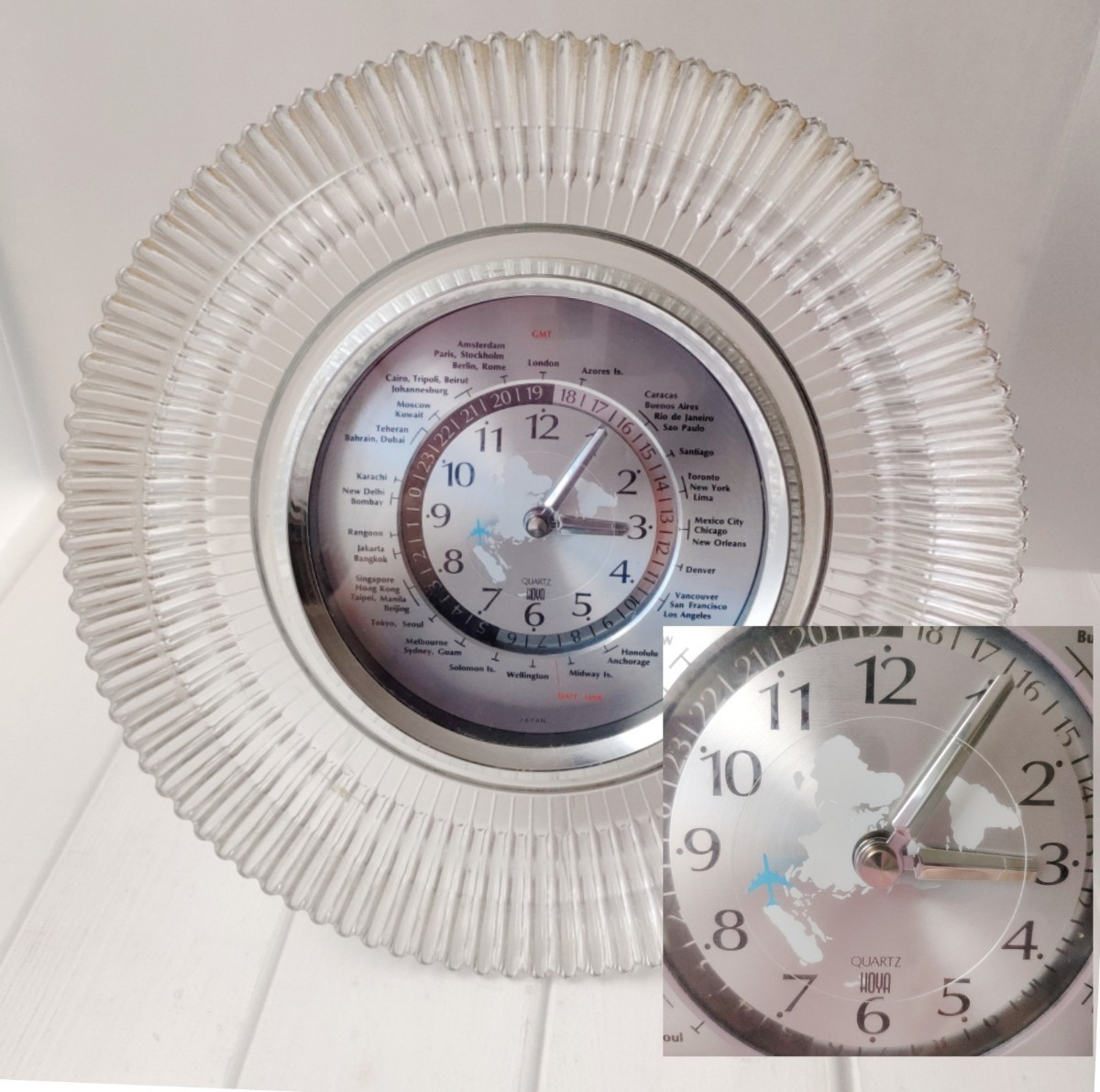 【やや傷や汚れあり】ST2] 時計 HOYA 世界時計 ECS115W 動作確認済 日本製 飛行機 秒針 レトロ ワールドタイム クロック 置