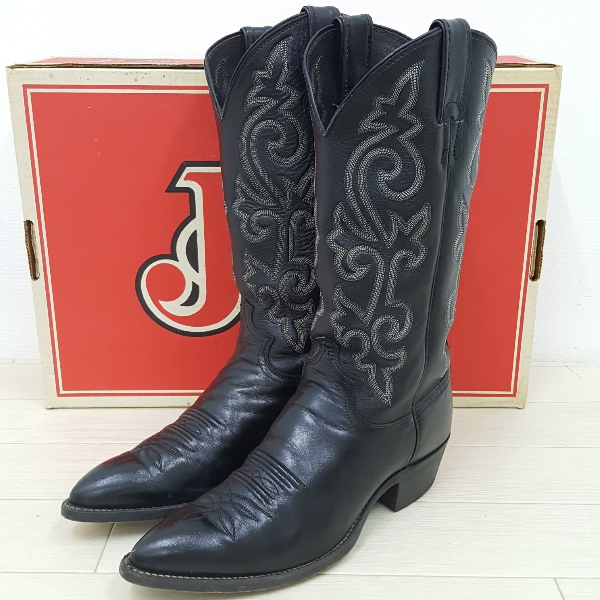 justin ジャスティン レザー ウエスタンブーツ ロングブーツ 8 EE 約 25.5㎝ ブラック ステッチ 人気モデル の落札情報詳細