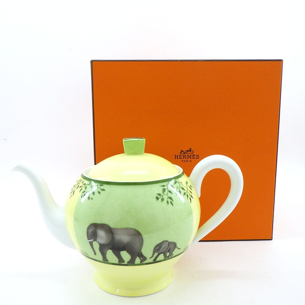 【目立った傷や汚れなし】1円～ HERMES エルメス アフリカ グリーン ティーポット 箱付き 象 廃番品 フランス 食器 陶器 45
