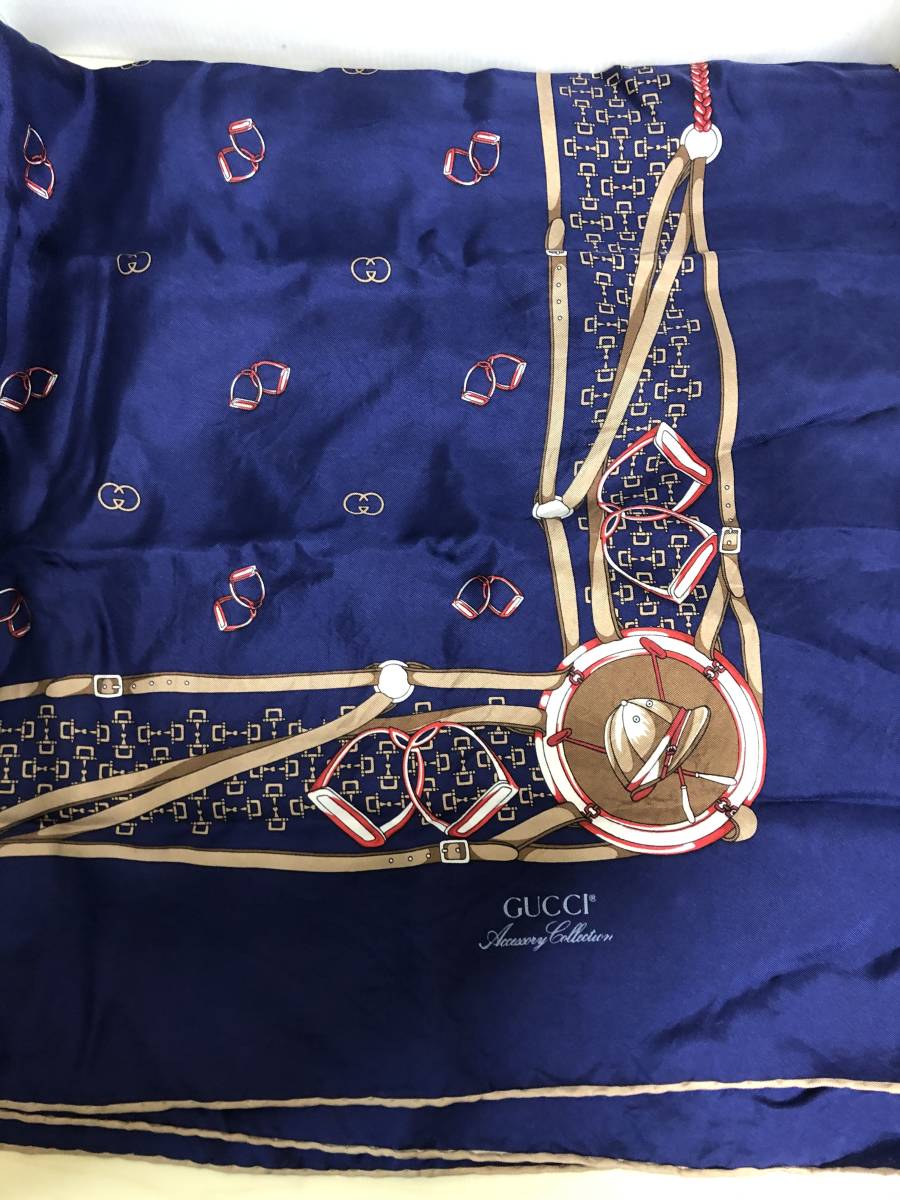 GUCCI グッチ Accessary Collection アクセサリーコレクション スカーフ ネイビー ひ630の落札情報詳細