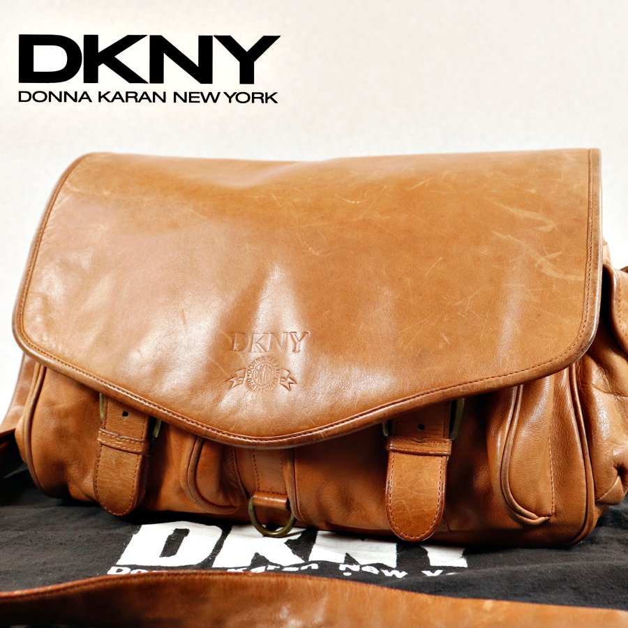 【やや傷や汚れあり】美品 DKNY DONNA KARAN ダナキャラン・ニューヨーク 牛革 ヴィンテージレザー メッセンジャー ショルダー
