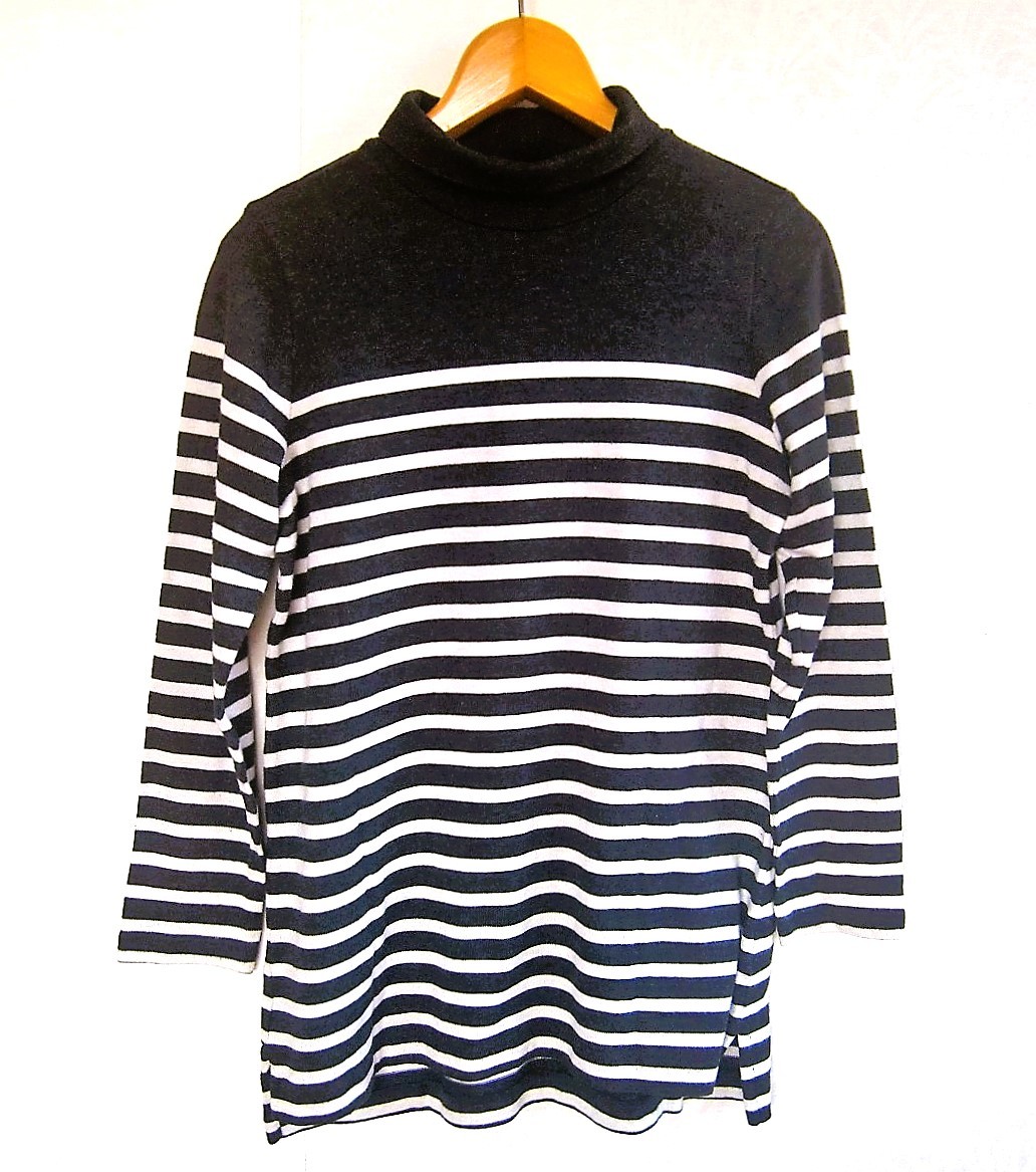 【目立った傷や汚れなし】【即決】LANDS'ENDランズエンド混紡ハイネック長袖チュニックセーターRN62830★レディースL定番ボーダー柄