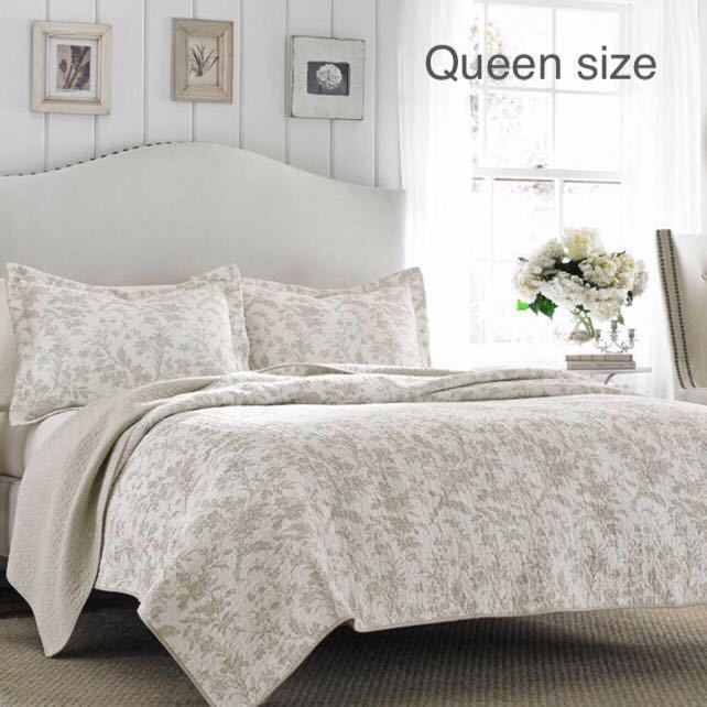 【新品】 新品 Laura Ashley ベッドカバー＆ピローセット クイーンサイズ ベージュ&ホワイト Queen size キルトの落札