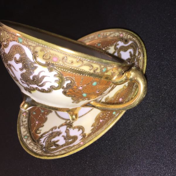 【中古】Po39 オールド ノリタケ ロイヤル ニッポン 龍 金盛 ジュエル装飾 カップ & ソーサー ドラゴン ハンドペイント 1891