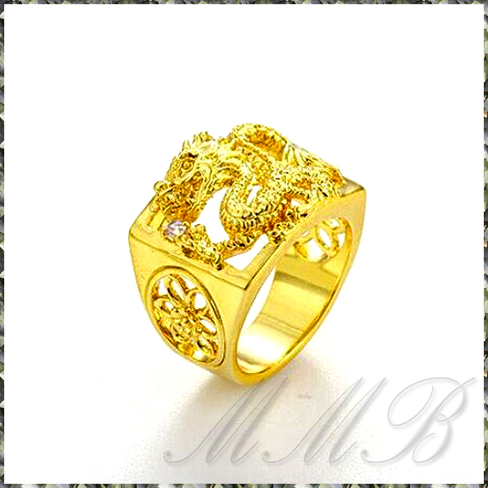 【未使用】[RING] 24K Gold Filled Engraving 3D Dragon 立体 彫刻 青龍 昇竜 ドラゴン クリスタル