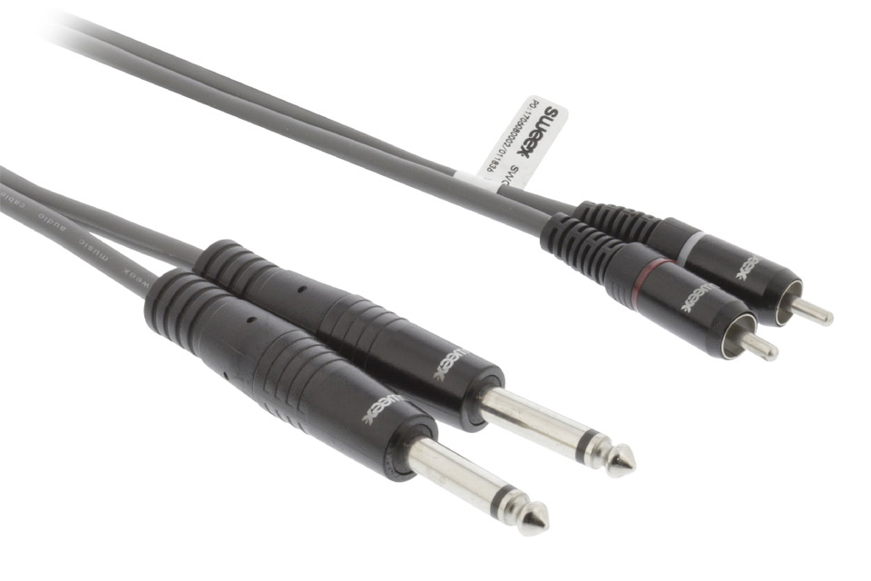 Stereo/dual mono Jack to RCA cable 2x 6,35 mm. Jack male 2x RCA male