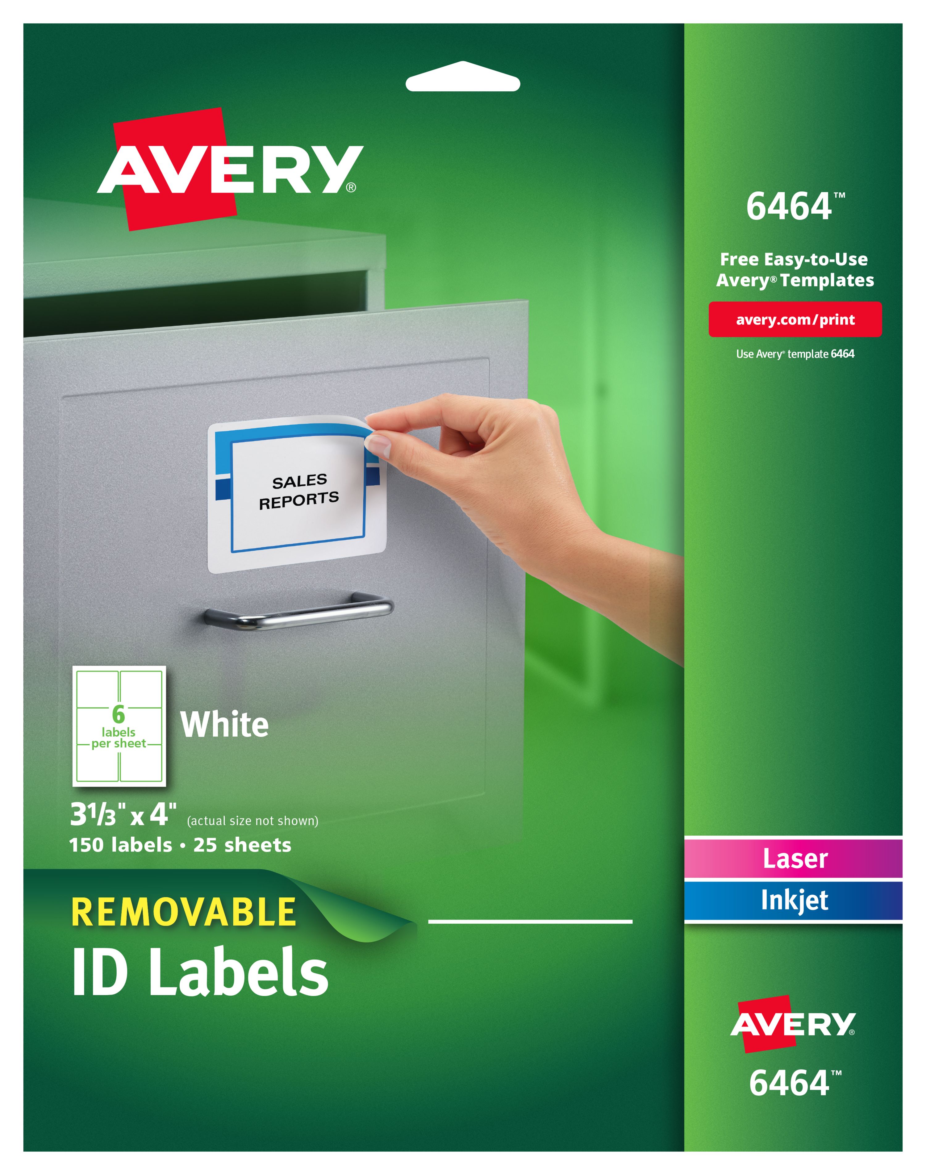 Avery Removable ID Labels 31/3" x 4", 150 Labels (6464)