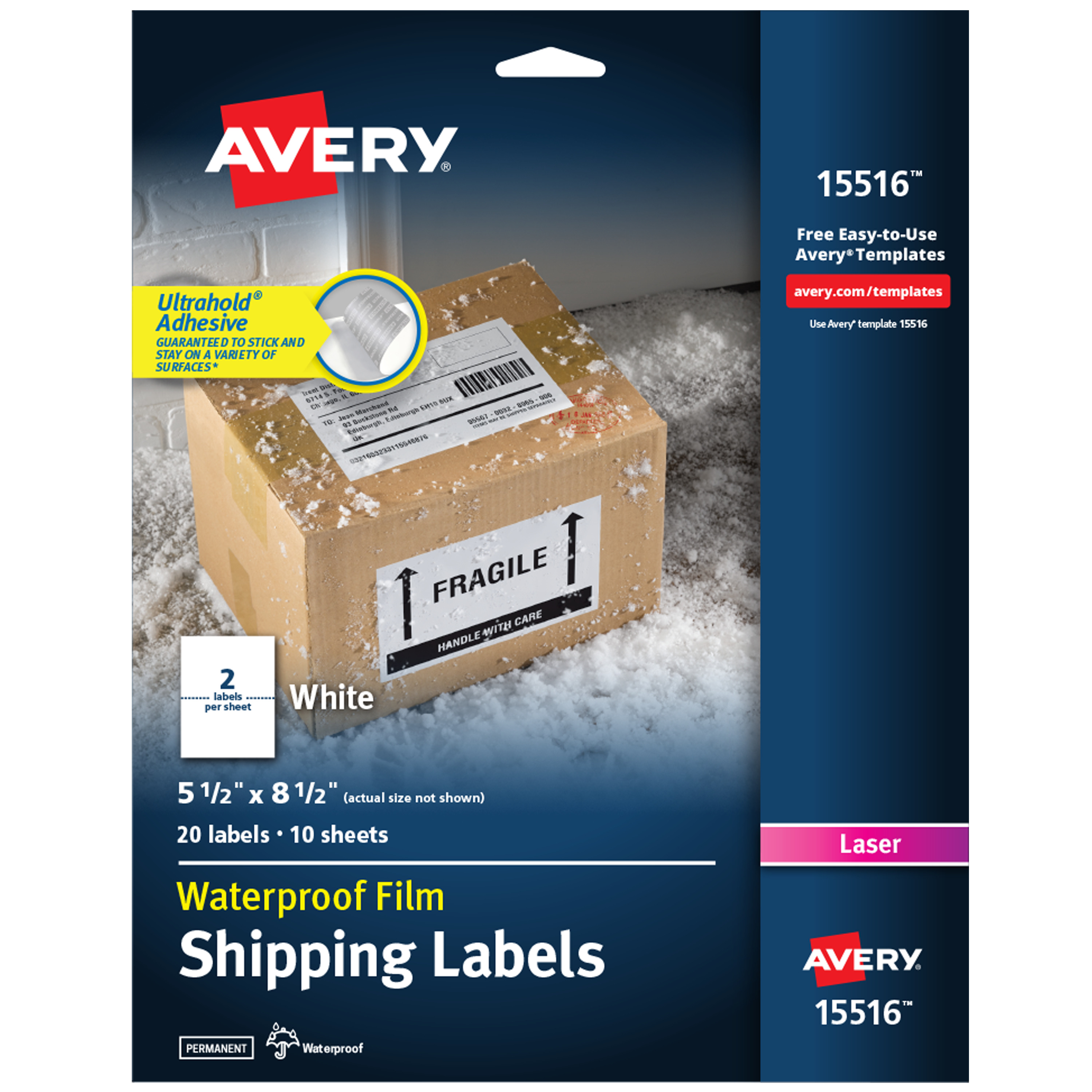 Waterproof Labels with Ultrahold® Permanent Adhesive, Sure Feed™, TrueBlock®, Laser, 20 Labels