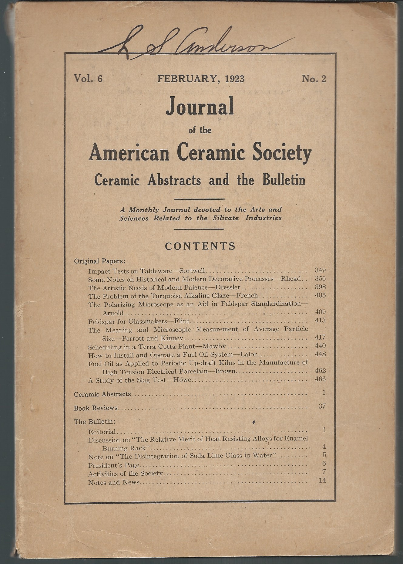Ceramic Abstracts and the Bulletin; JOURNAL OF THE AMERICAN CERAMIC SOCIETY
