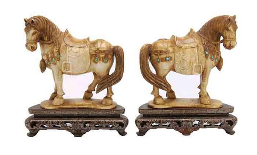 Carved Ivory Horses with SemiPrecious Stones & Stands Ivory Oriental