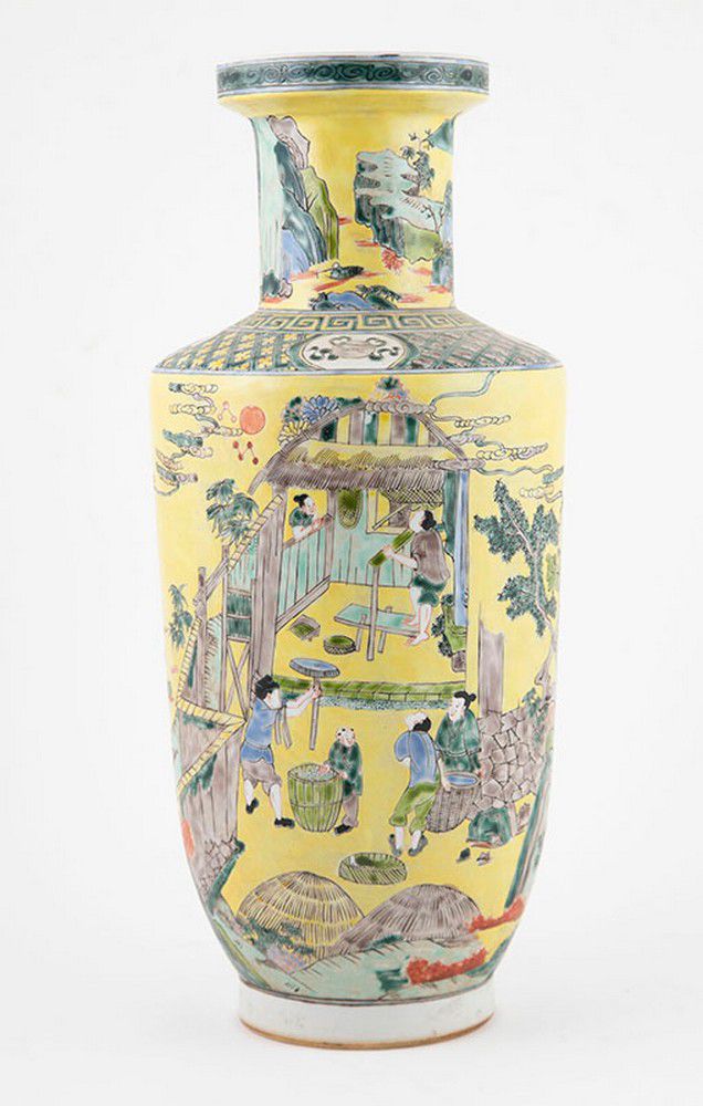 Famille Verte Mantel Vase with Village Scenes Ceramics Chinese Oriental