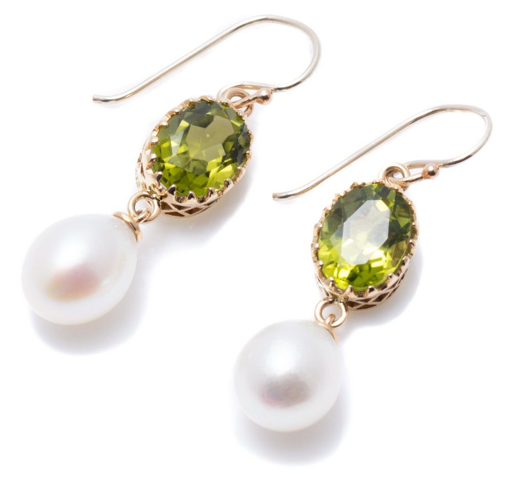Peridot and Pearl Gold Drop Earrings Earrings Jewellery