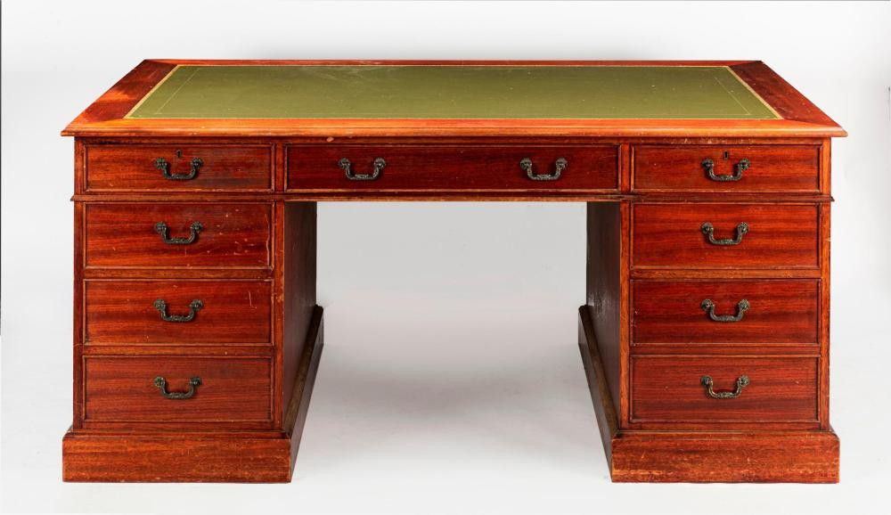 Mahogany Partners Desk with Green Leather Top and Compendium Desks