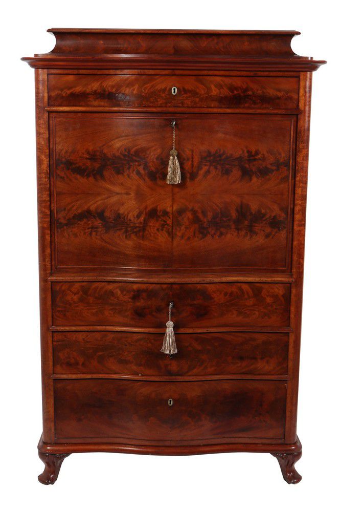Flame Mahogany Bureau Chest with Dropfront and Stand Chests of