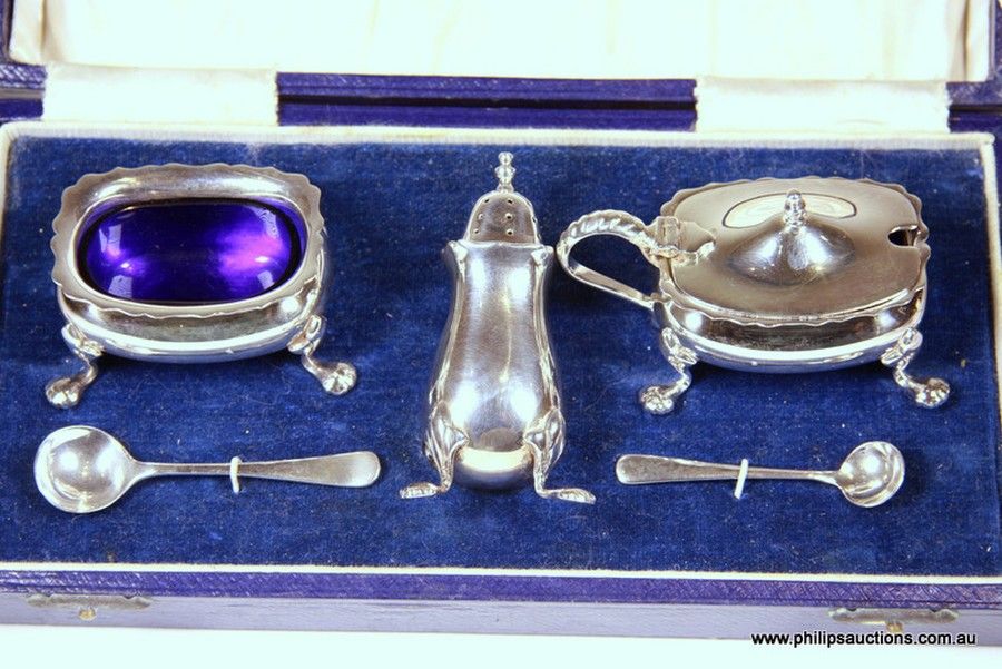 Modern Sheffield Sterling Silver Cruet Set with Blue Glass Liners