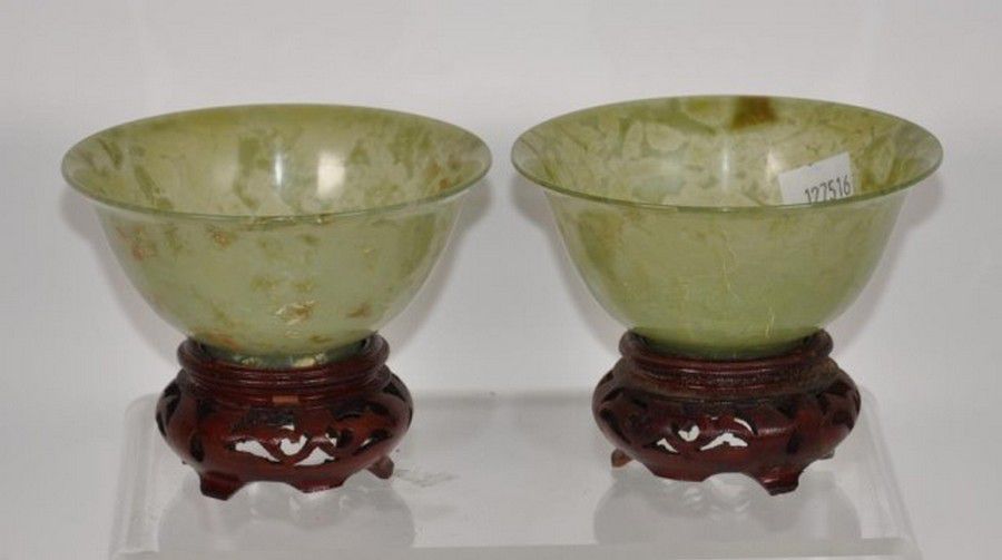 Chinese Jade Rice Bowls on Carved Wood Stands Jade Oriental