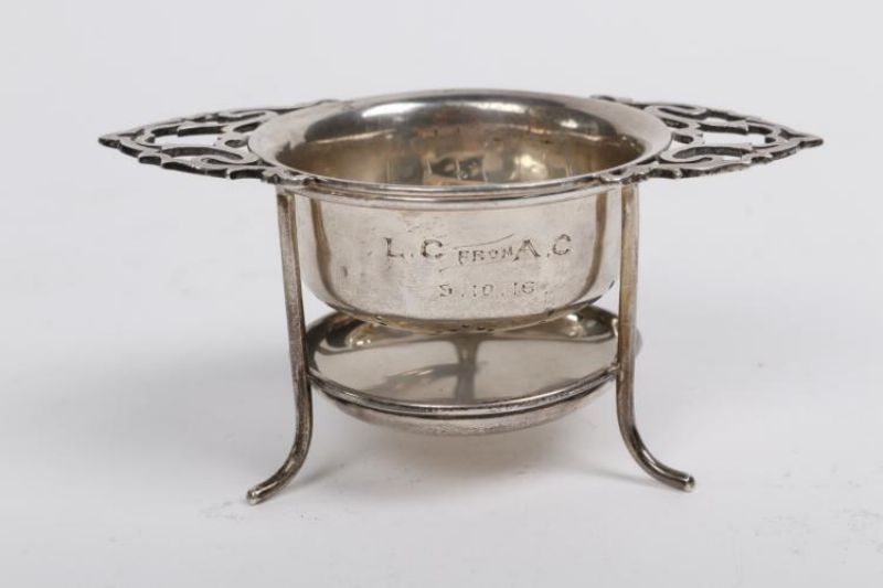 Sterling Silver Tea Strainer and Stand, 1915 Flatware/Cutlery and Accessories Silver