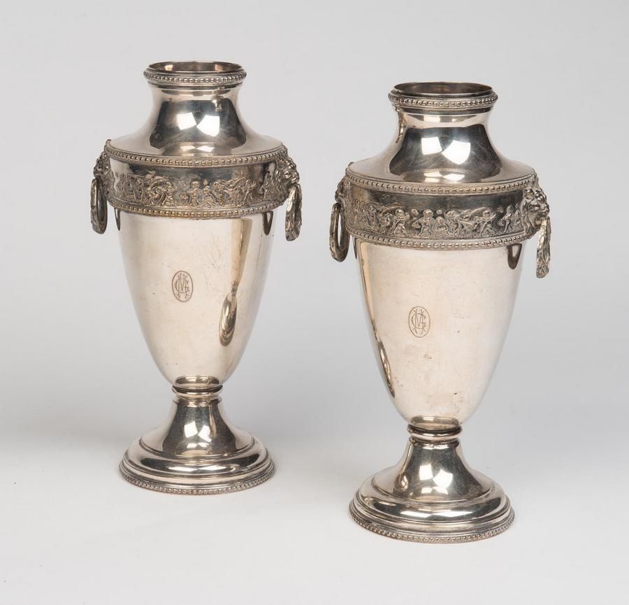 Neoclassical Silver Plated Ring Handle Vases (1920) Vases Silver Plate