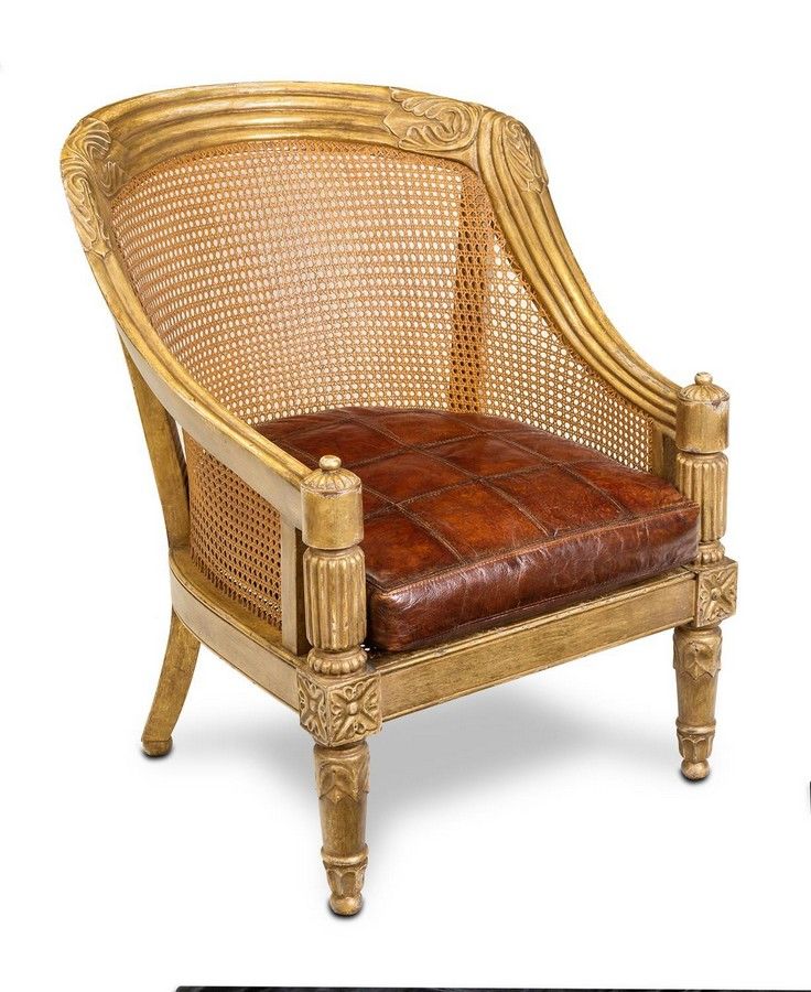 French Gilt Cane Tub Chair with Leather Cushion Seating Singles