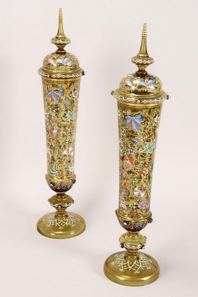 Moser Exhibition Size Lidded Vases with Enamel and Gilt Decoration