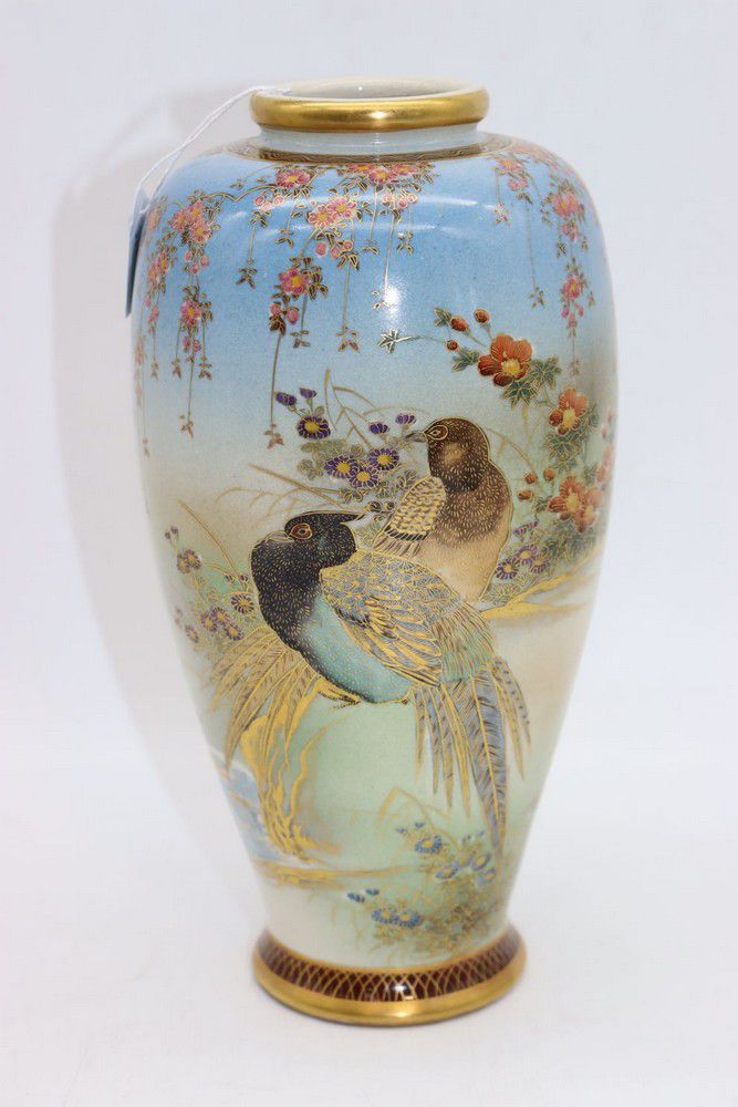 Satsuma Porcelain Vase with Birds and Flowers Ceramics Japanese