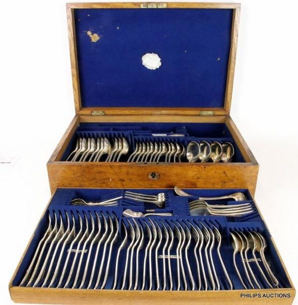 Victorian SilverPlated Flatware Set in Mahogany Case Flatware