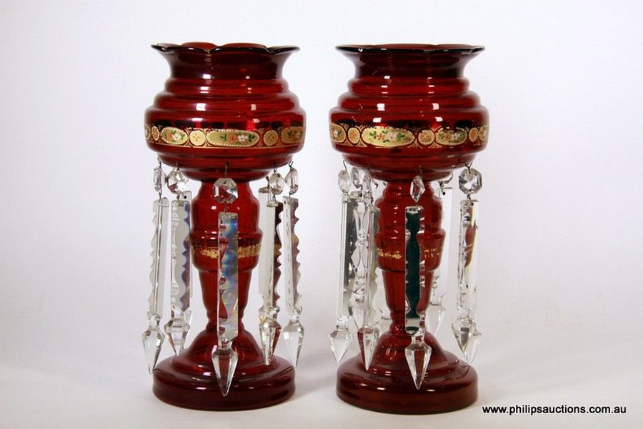 Victorian Ruby Glass Lustre Vases with Prisms British Victorian Glass
