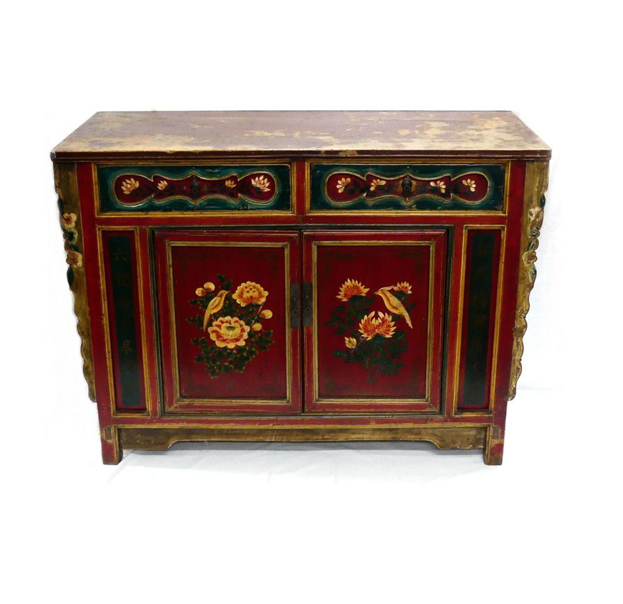 Nepalese Painted Sideboard with Two Drawers and Cupboard Doors