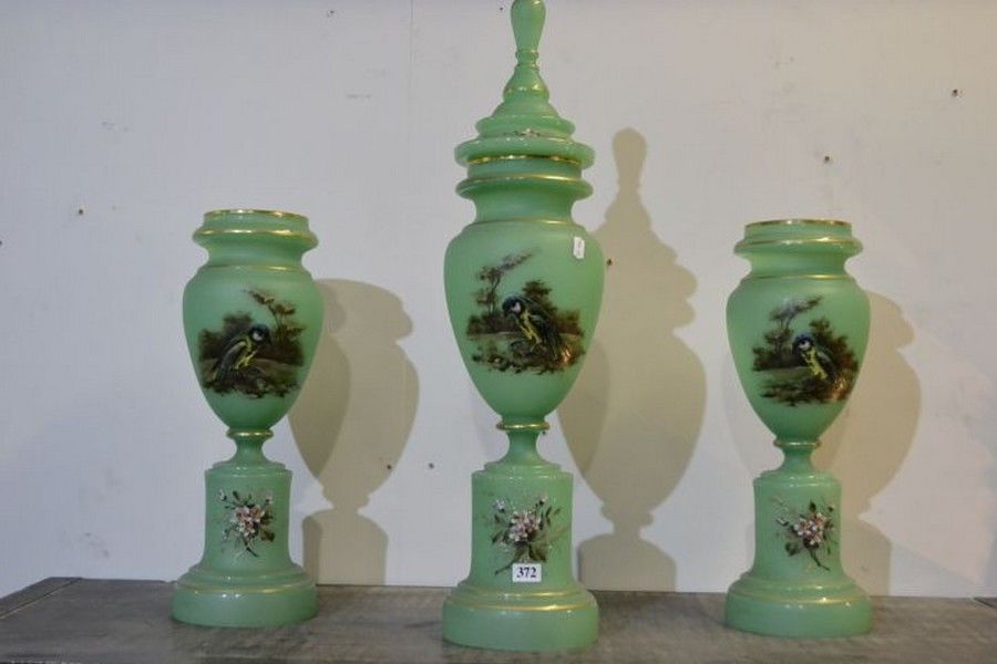 Victorian Green Glass Mantel Vases with Enamel Birds and Flowers