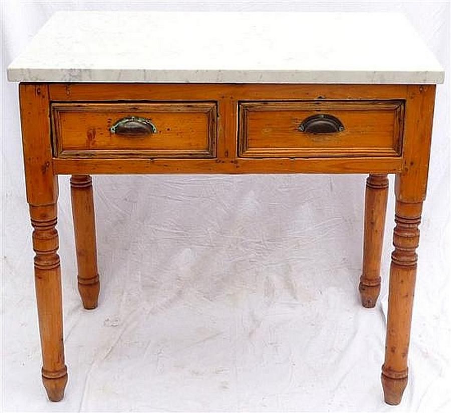 Baltic Pine Side Table with Marble Top and Drawers Tables Side and