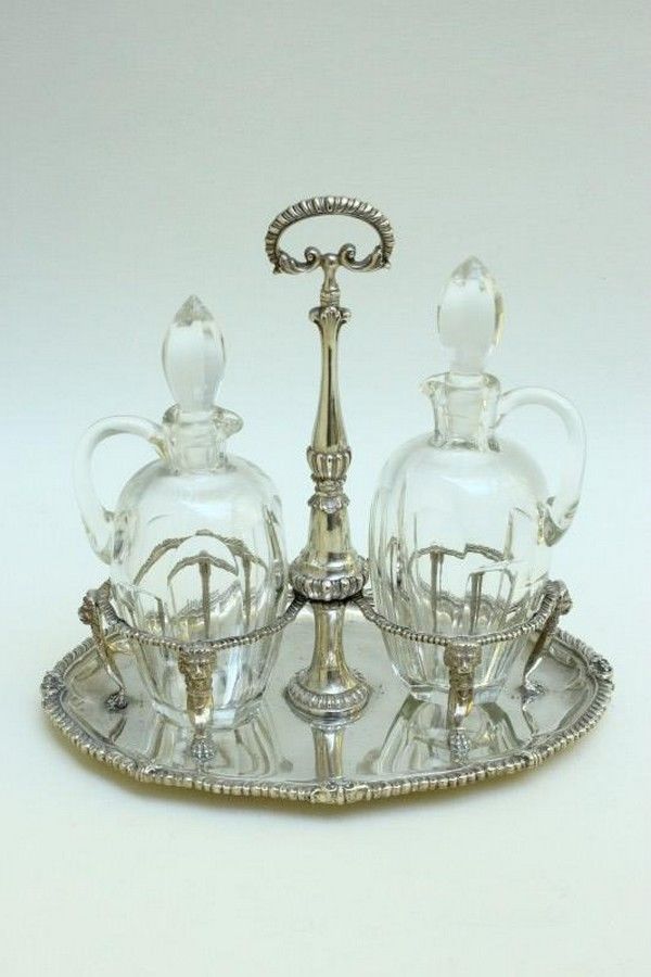 Italian Silver Cruet Set with Gadrooned Stand Condiment & Cruet Sets