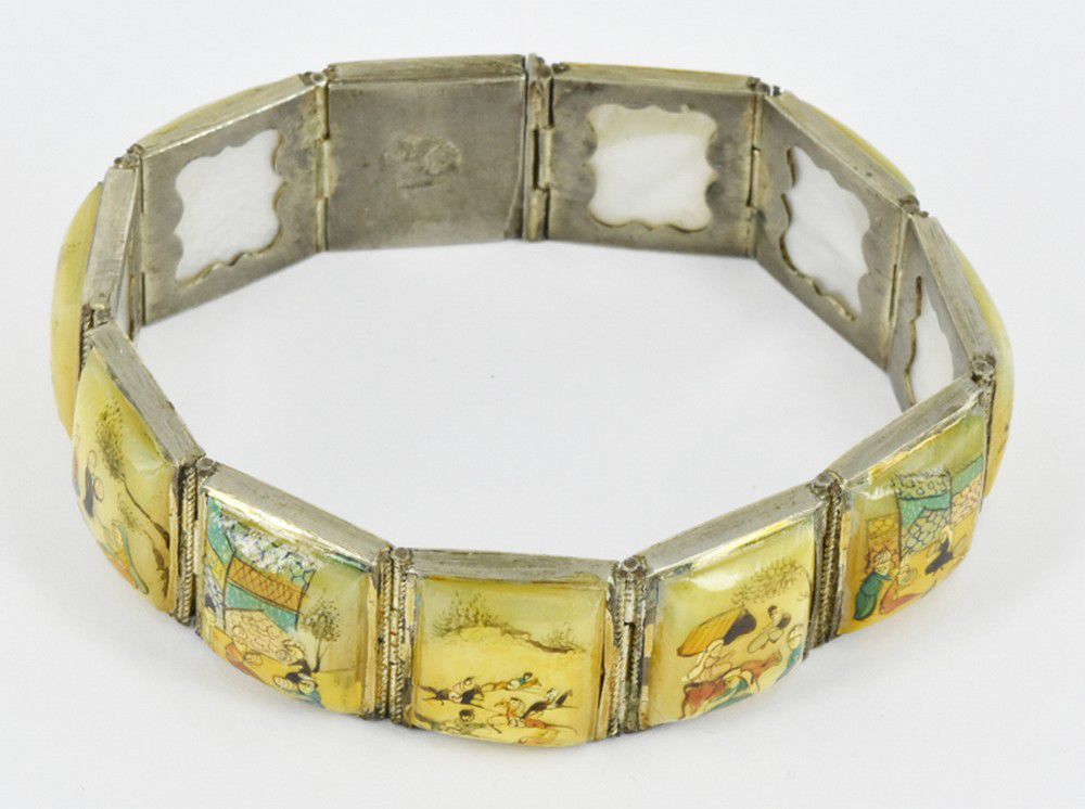 Handpainted Asian Silver Bracelet on MotherofPearl Bracelets