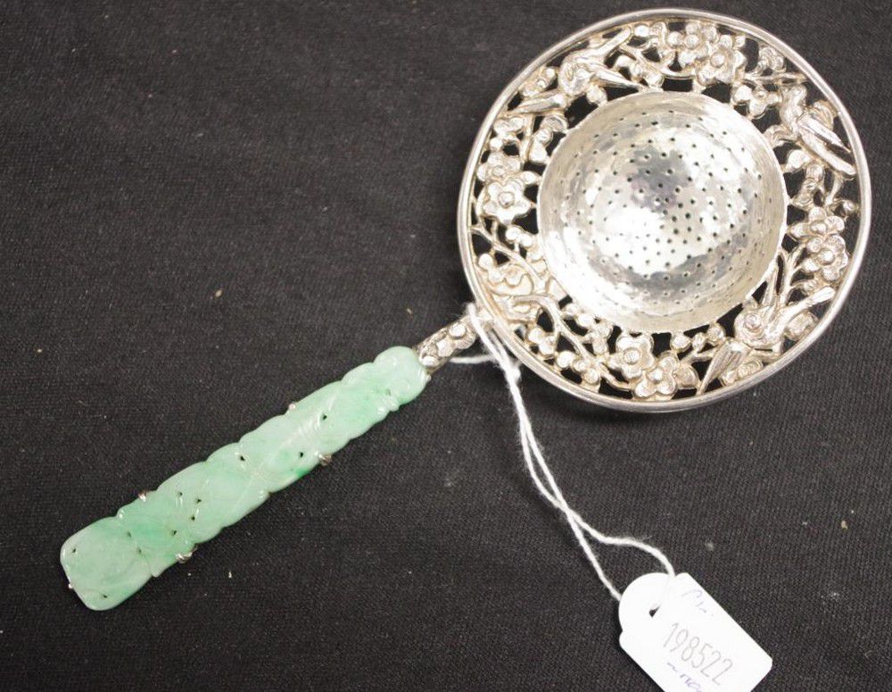 Chinese Silver Tea Strainer with Carved Jade Handle Zother Oriental