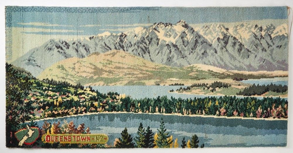 A Feltex picture rug 'Queenstown', depicting lake Wakatipu, and… New Zealand Potters & Themes