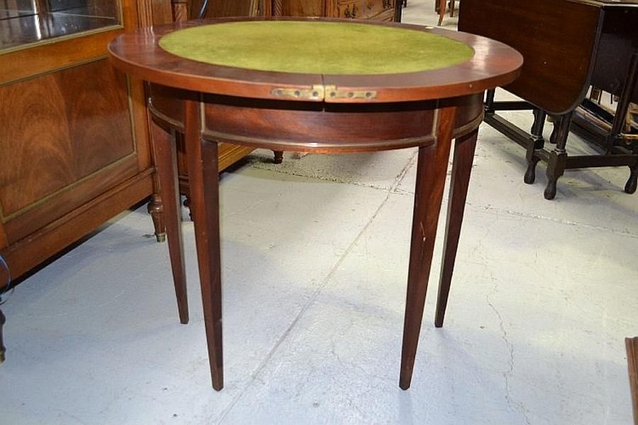 Antique French mahogany fold over demi lune games table