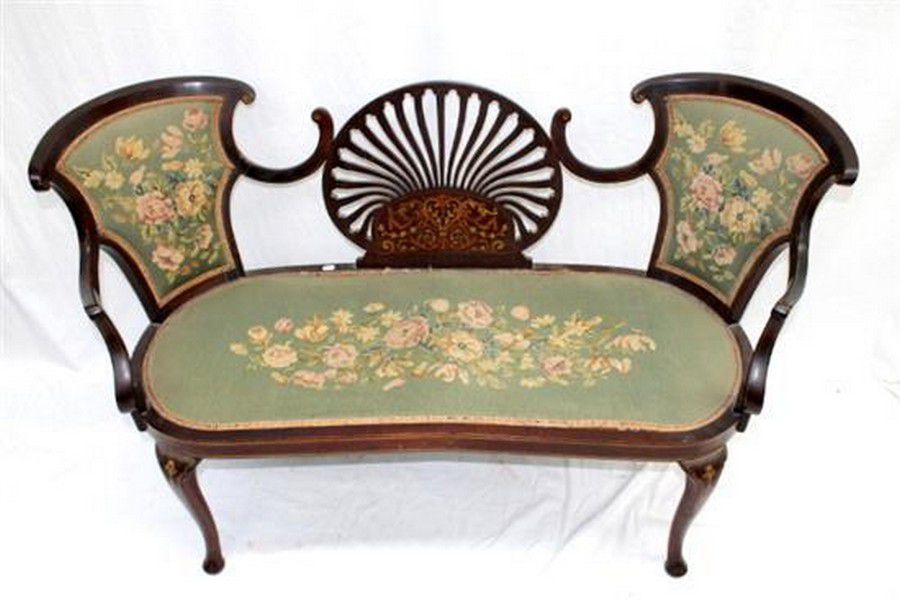 Tapestry Love Seat with Carved Medallion