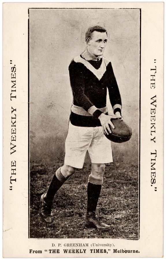 1910 Victorian Footballers Postcard featuring D.P. Greenham (University