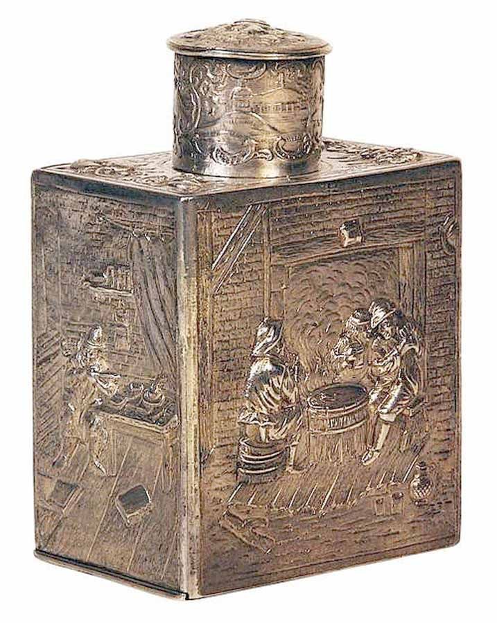 Victorian Sterling Silver Tea Caddy with Bar Scene Design Tea Caddies