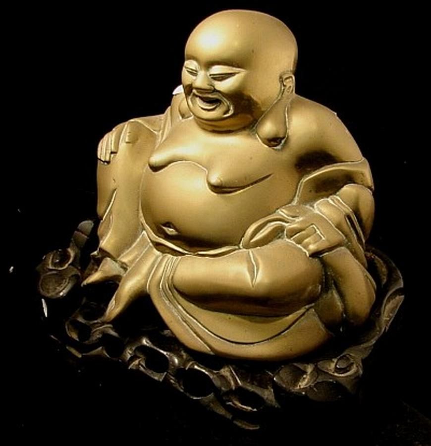 Brass Happy Buddha on Rosewood Stand 26cm Zother Oriental