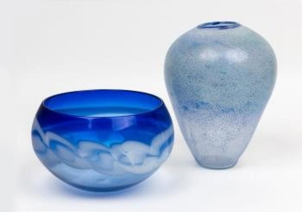 Richard Morrell Blue Glass Bowl & Mottled Glass Urn Set Australian