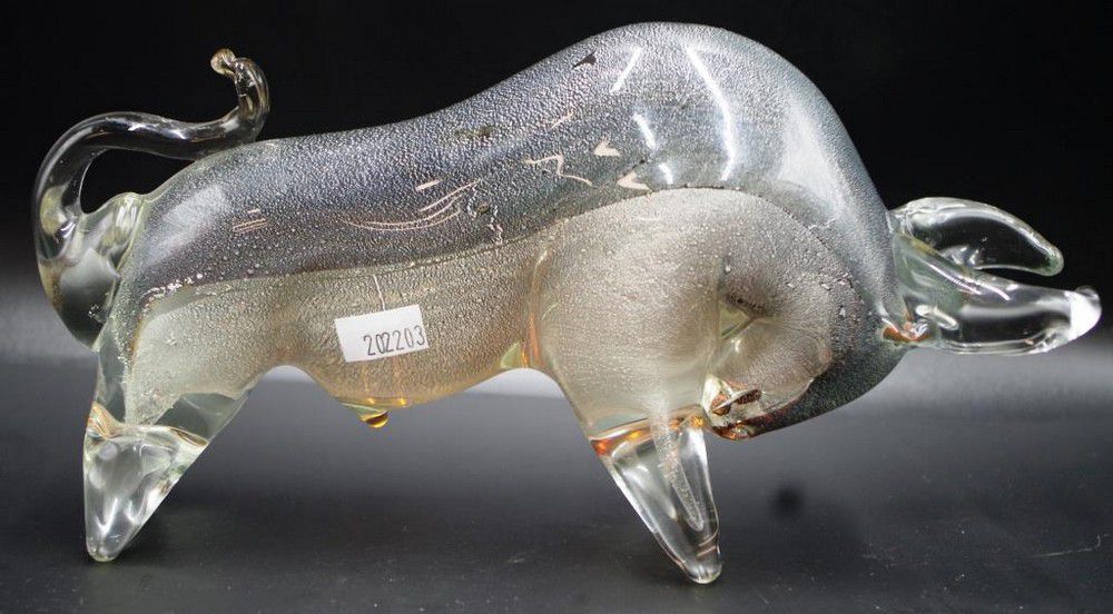 26cm Murano Silver Aventurine Glass Bull Figurine / Murano