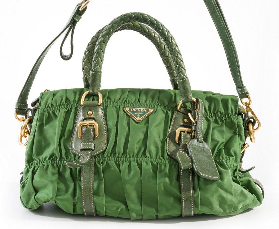 Green Prada Ruched Nylon Handbag with Leather Trim Handbags & Purses