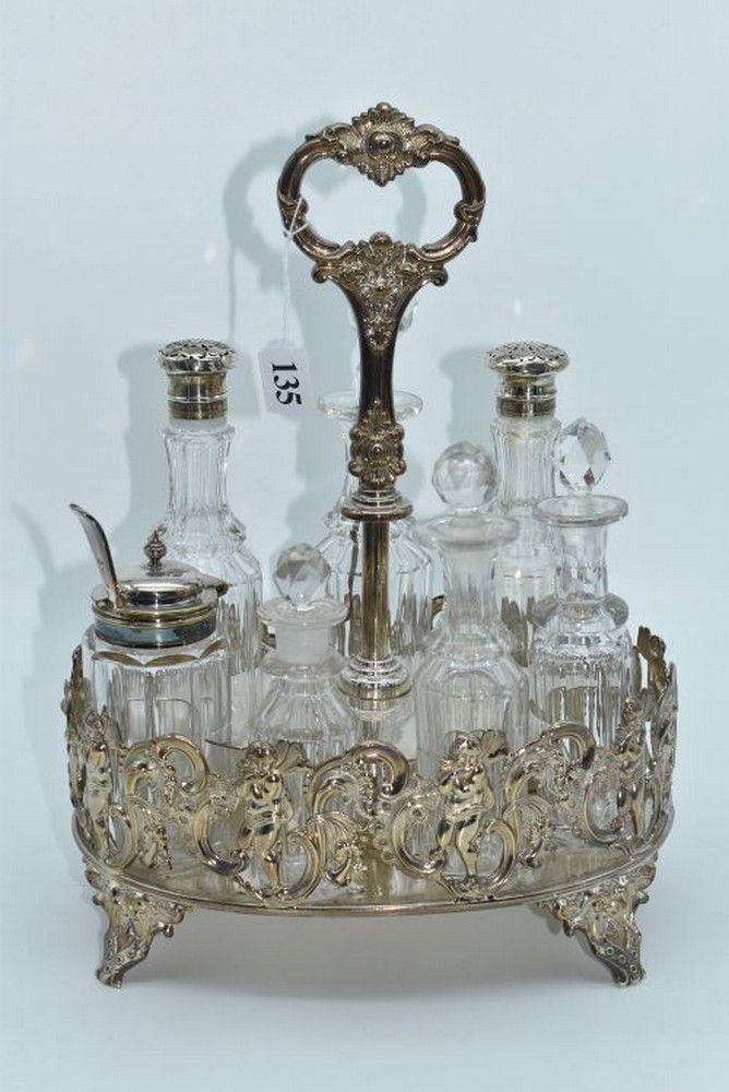 Silver Plated Cherub Cruet Set with Seven Crystal Bottles Condiment