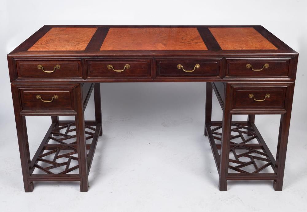 Chinese Rosewood Inlaid Desk with Amboyna Panels Furniture Oriental