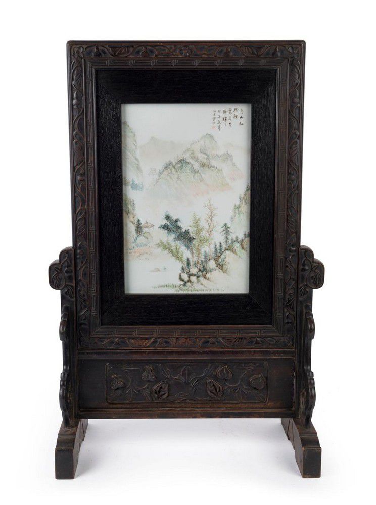 Chinese Porcelain Table Screen with Carved Wooden Stand Ceramics