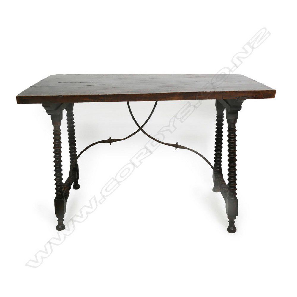 18th Century Spanish Walnut Table with Ironwork Braces Tables
