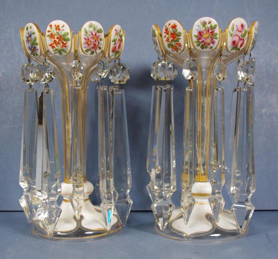 Victorian HandPainted Lustre Vases with Crystal Drops British